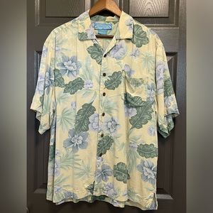 Vintage Bermuda Bay 100% Silk Hawaiian Shirt Blue Yellow Green Floral Mens Sz L